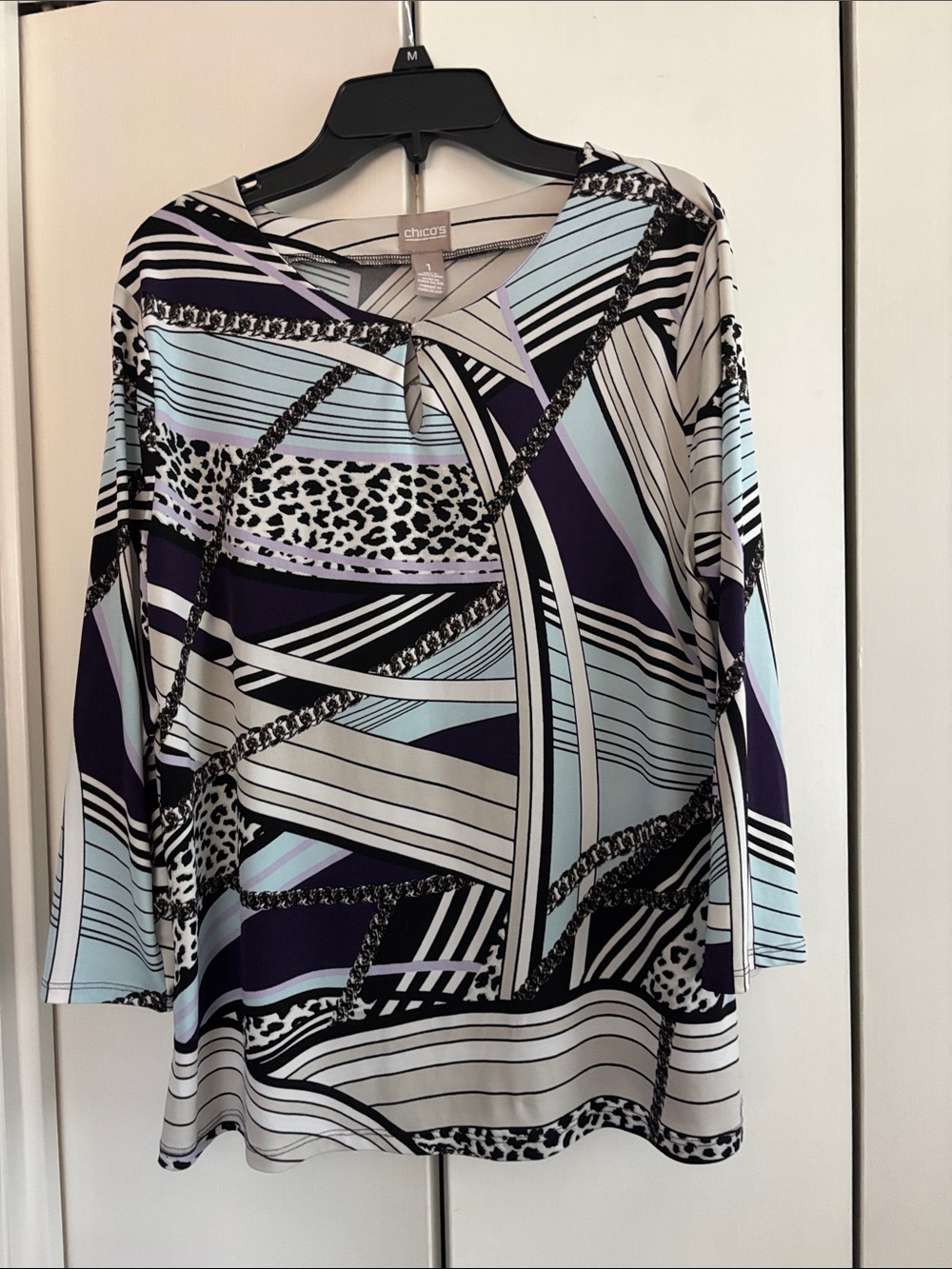 Chico's Long-Sleeve Abstract Keyhole Top in Purple, Light Blue & Cream
